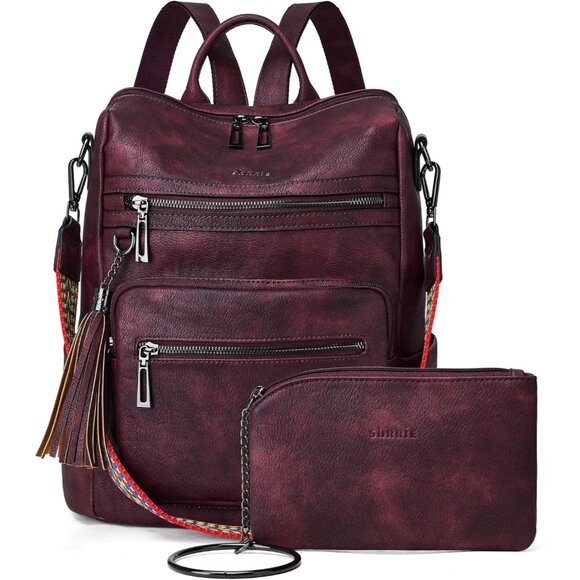 Elegant Water-Resistant Two-Tone Maroon Backpack Purse with 9 Utility Pockets